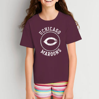 University of Chicago Maroons Distressed Circle Logo Heavy Cotton Short Sleeve Youth T Shirt - Maroon