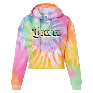 Iowa Retro Bubble Script Tie-Dye Crop Hooded Sweatshirt - Eternity