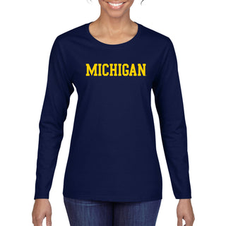 Basic Block University of Michigan Women's Basic Cotton Long Sleeve T Shirt - Navy