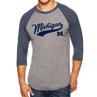 Baseball Jersey Script University of Michigan Next Level Raglan T Shirt - Premium Heather / Vintage Navy