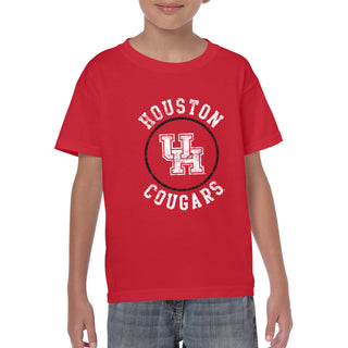 University of Houston Cougars Distressed Circle Logo Heavy Cotton Short Sleeve Youth T Shirt - Red