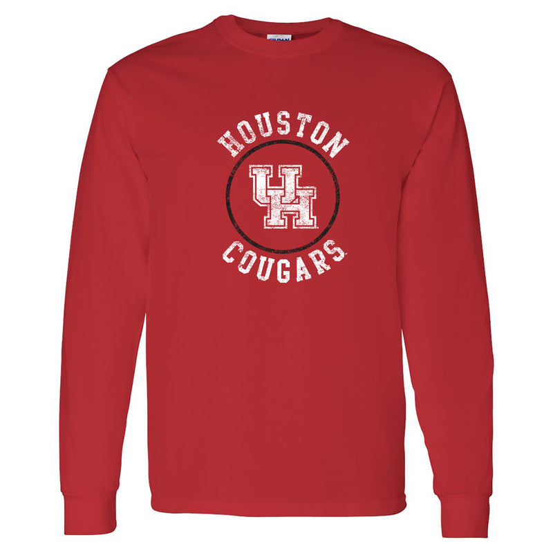 University of Houston Cougars Distressed Circle Logo Heavy Cotton Long Sleeve - Red