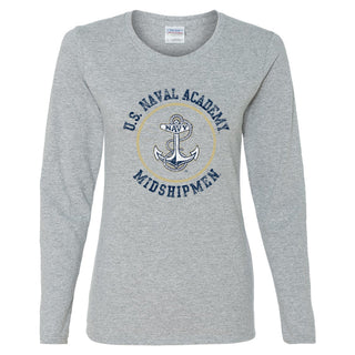 United States Naval Academy Midshipmen Circle Logo Women's Long Sleeve T Shirt - Athletic Heather