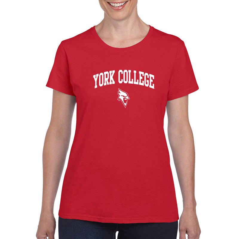 York College Cardinals Arch Logo Basic Cotton Womens Short Sleeve T Shirt - Red